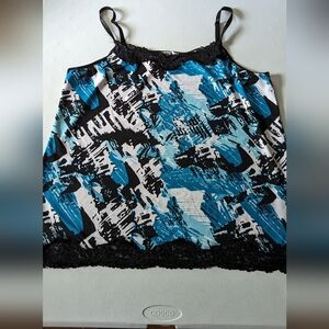 Blue, white and black cami with black lace